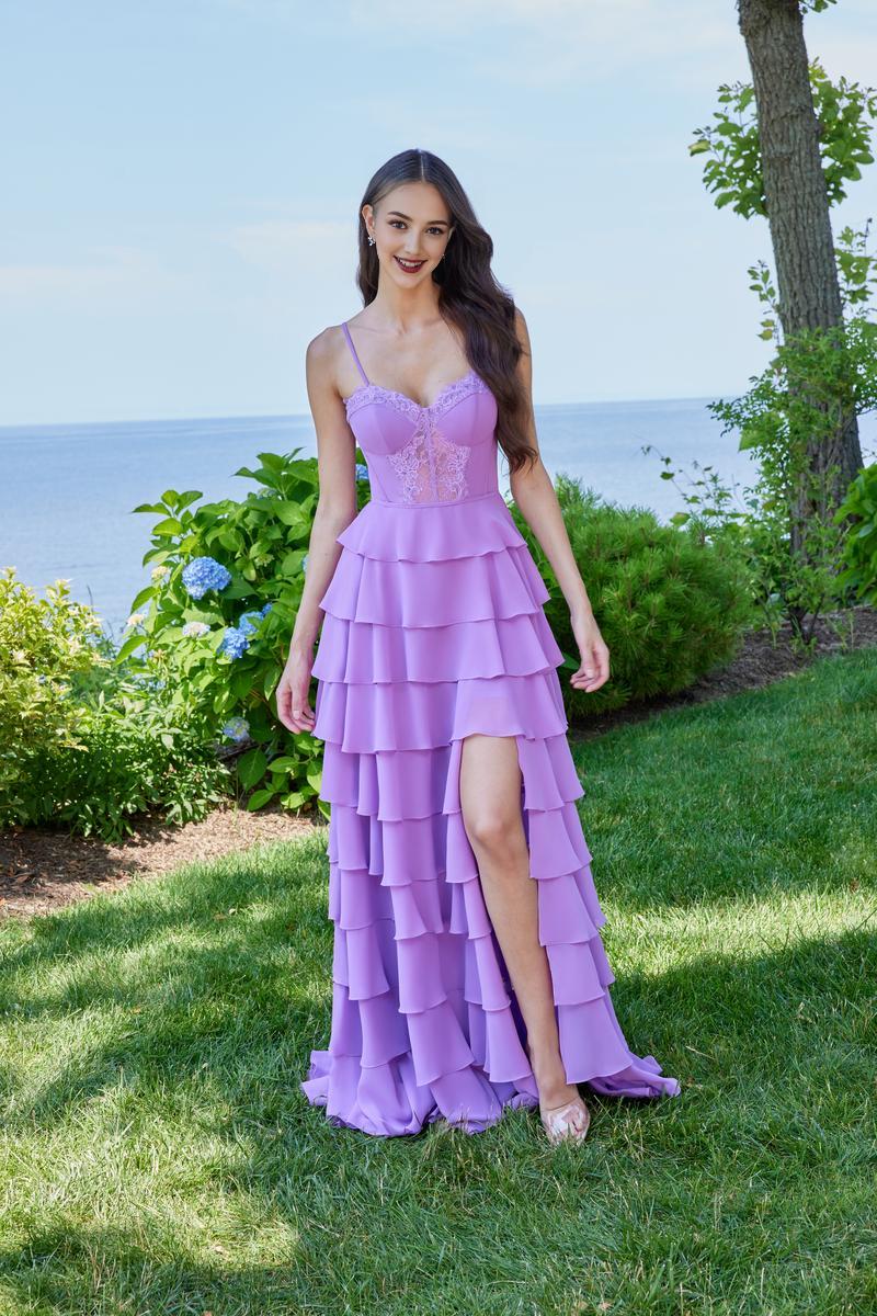 Prom Dress Stores Spaghetti Straps Lilac Sleeveless Ruffle Prom Dress Tiered Floor Length With Slit And Train Dresses Evening Wear Formal Wear Dresses